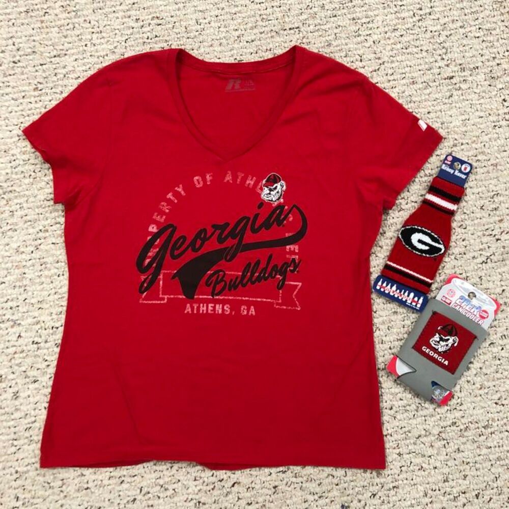 UGA University of Georgia T-shirt Large 12-14, New Can Koosie and Knit Bottle
